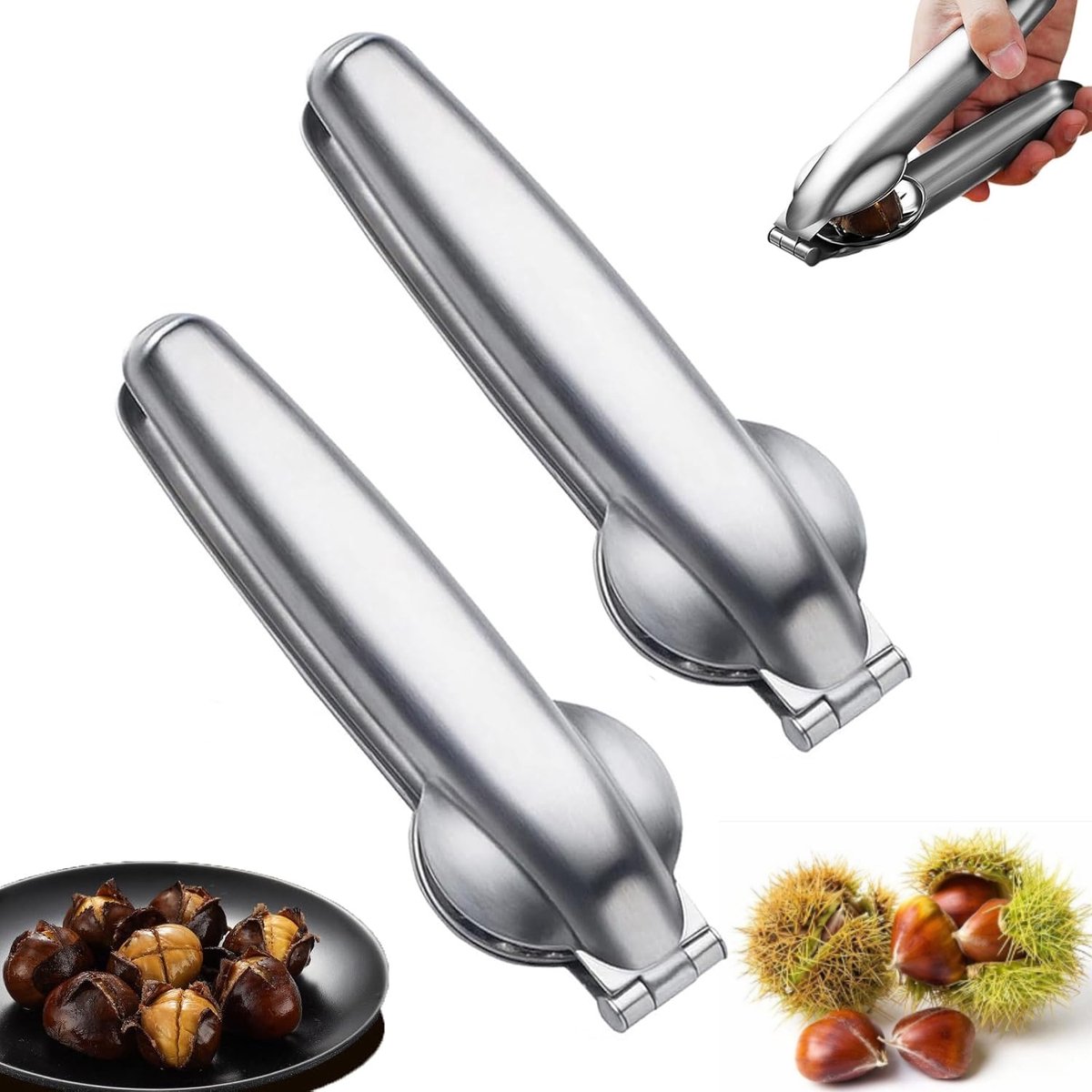 Notenkraker - Kastanjeclip - Kastanje-Tang - RVS - Notenkraker Voor Kastanjes - Keukengerei - Walnotenkraker - Nutcracker - Voor Kastanje, Noten, Hazelnoten, Walnoten En Andere Gedroogde Vruchten - Zilver - 2 Stuk
