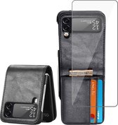 Geschikt voor Samsung Galaxy Z Flip 4 Book Case Hoesje - Screenprotector - Flip Portemonnee Rustic Zwart met Screen Cover Protector
