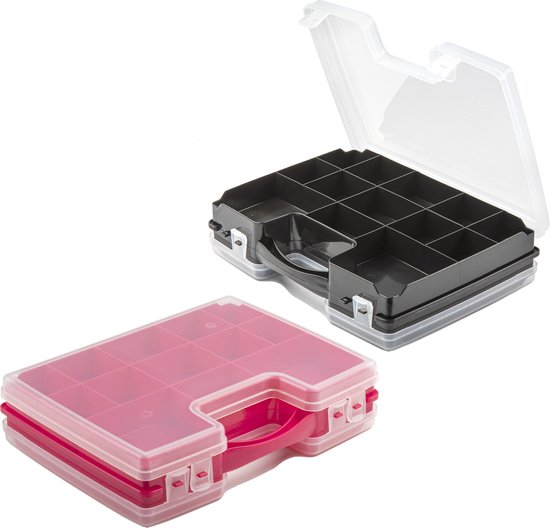 Forte Plastics - 4x boîtes de rangement/boîtes de tri - plastique à 21 compartiments - 28 x 21 x 6 cm - noir et rose