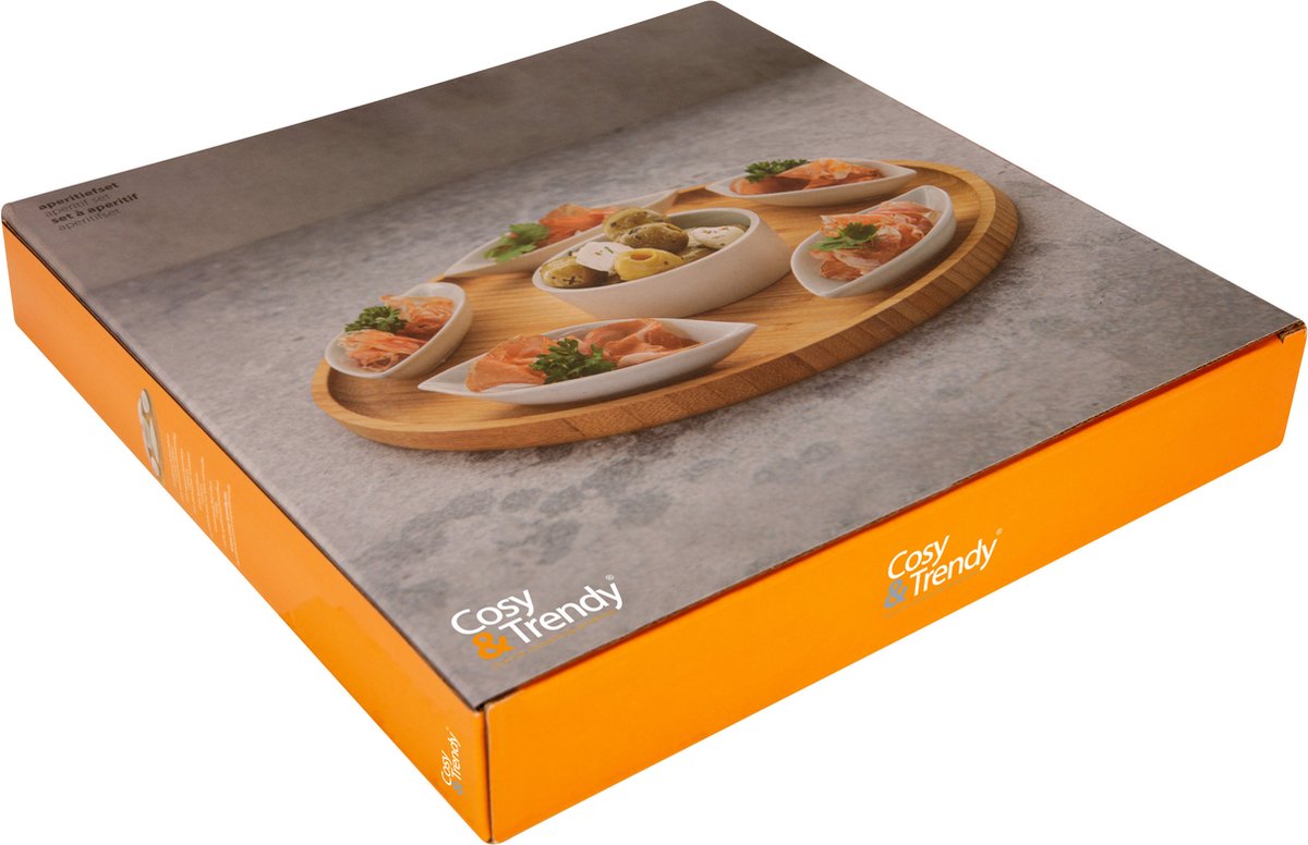 Set van 2x stuks serveerplanken bamboe dia 26 cm met luxe hapjes/saus/tapas keramieken schaaltjes — cadeau in Kookcadeaus - foto 3