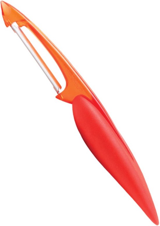 Een rode en oranje Mastrad dunschiller met een ergonomisch handvat.