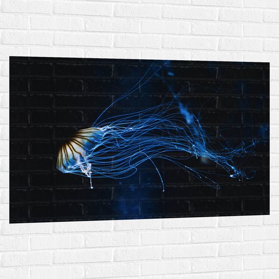 WallClassics - Muursticker - Geel met Blauwe Kwal onder Water - 120x80 cm Foto op Muursticker