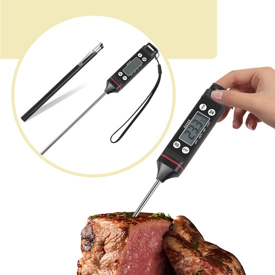 Digitale vleesthermometer tot 300 graden zwart - kernthermometer - bbq thermometer - bbq accesoires - suikerthermometer - vlees - oventhermometer - keuken - draadloos