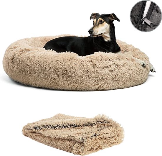 Filo Hondenmand 60cm met Deken & Rits – Crème – Geschikt als Kattenmand - Fluffy Donut Hondenbed Lichtbruin - Honden Mand & Bed – Hondenkussen – Kussen Hond – Katten Mand - Dog Bed