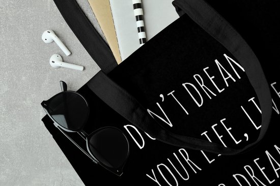 Sac bandoulière - Sac de plage - Shopper Citation anglaise Ne rêve pas ta vie, vis tes rêves avec un coeur sur fond noir - 45x45 cm - Sac en coton