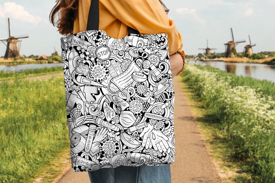 Sac Bandoulière - Sac De Plage - Motif Shopper - Corona - Zwart Wit - 40x50 cm - Sac Coton