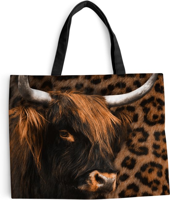 Sac bandoulière - Sac de plage - Shopper Scottish Highlander - Vache - Panthère - 50x40 cm - Sac coton