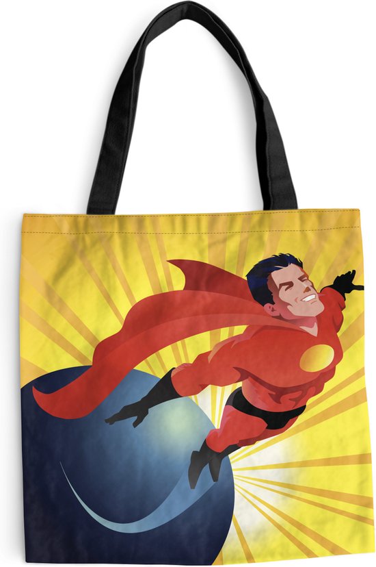 MuchoWow® Schoudertas - Strandtas - Big Shopper - Boodschappentas - Een illustratie van een superheld die boven de wereld vliegt - Jongens - Jongetje - Kinderen - Kind - 40x40 cm - Katoenen tas