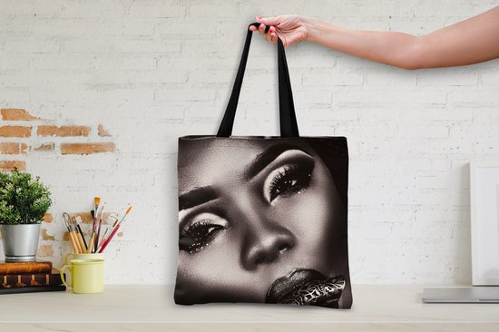 Sac Bandoulière - Sac De Plage - Shopper Femme - Wimpers - Zwart - Wit - 45x45 cm - Sac Coton