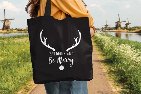 Sac bandoulière - Sac de plage - Shopper Quote Eat, Drink and be Merry décoration murale Noël blanc sur noir - 45x45 cm - Sac en coton