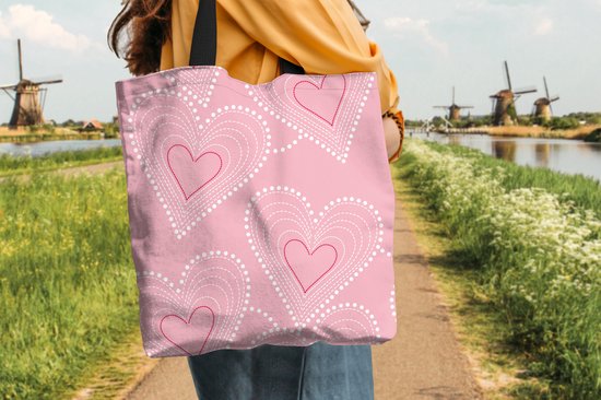MuchoWow® Schoudertas - Strandtas - Big Shopper - Boodschappentas - Hartjes - Patronen - Roze - 40x40 cm - Katoenen tas