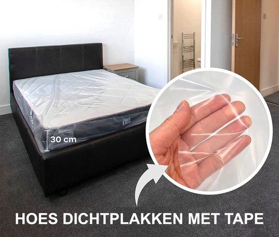 Matrashoes op bed, met indicatie van 30 cm diepte en "HOES DICHTPLAKKEN MET TAPE".