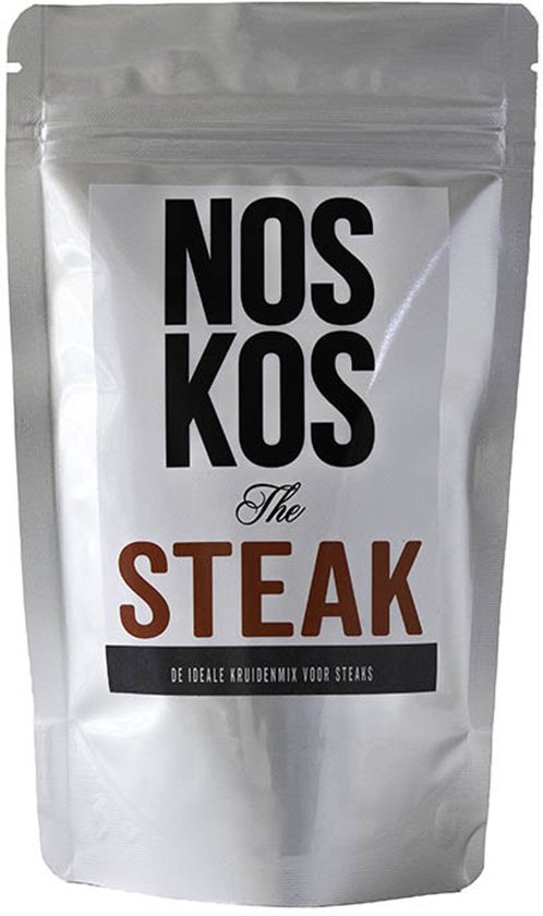 Zilverkleurige verpakking met het NOSKOS The Steak kruidenmix logo. De ideale kruidenmix voor steaks.
