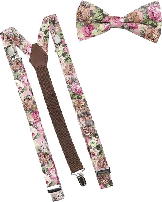 Bretelles de Luxe avec nœud papillon - Floral - Rose/Marron - Sorprese - avec clip ferme - bretelles - nœud papillon - nœud - nœud papillon - luxe - homme - unisexe - coffret cadeau