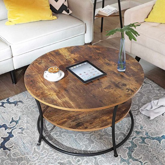 Signature Home table basse ronde, Table de salon, Table de canapé avec étagère, Assemblage facile, Métal, Design industriel, vintage marron-noir