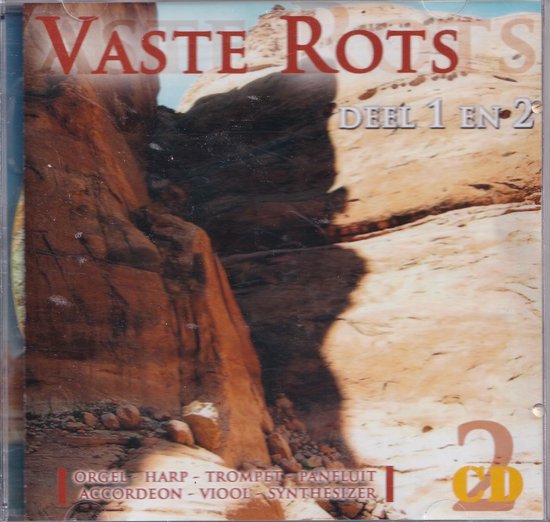 Cd-hoes met 'Vaste Rots Deel 1 en 2' in grote letters, met een foto van rotsformaties.