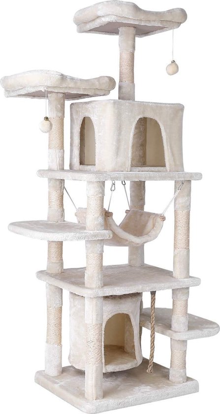 Heybly Krabpaal voor katten, 100 cm hoog, met groot platform, hol, 2 hangmatten, speelgoed en klimboom met krabpaal, rookgrijs HCT006SG