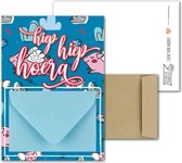 Geldkaart met mini Envelopje -> Felicitaties - No: 5-2 (Hiep Hiep Hoera - Blauw met vliegende roze varkentje) - LeuksteKaartjes.nl by xMar