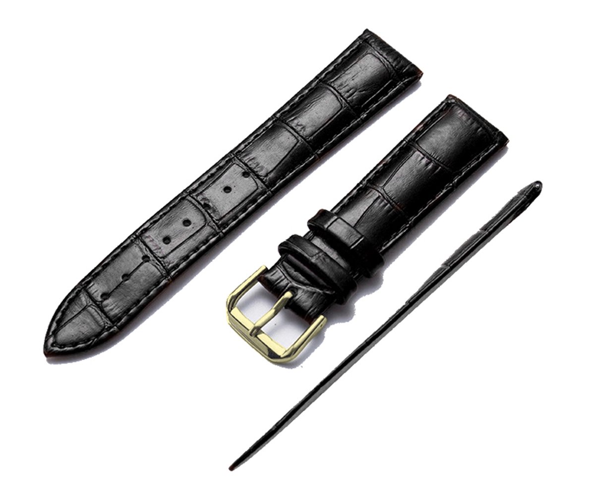 Leder Horlogebandje-20 mm-Zwart-Croco Print Goudkleurig Gesp