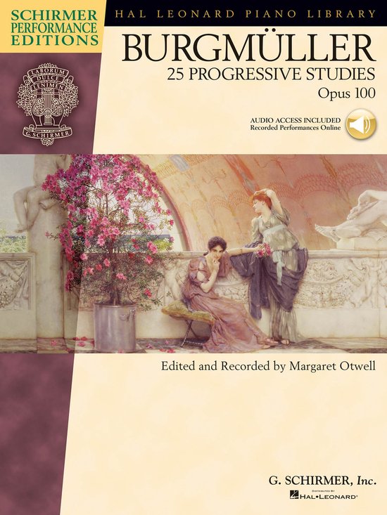 Couverture du livre : Burgmüller 25 Études Progressives Opus 100, édité par Margaret Otwell. Avec une peinture de deux femmes près d'un arbre.