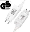 Twee witte transformatoren met GS-certificering en CE-markering, met instelmogelijkheden.