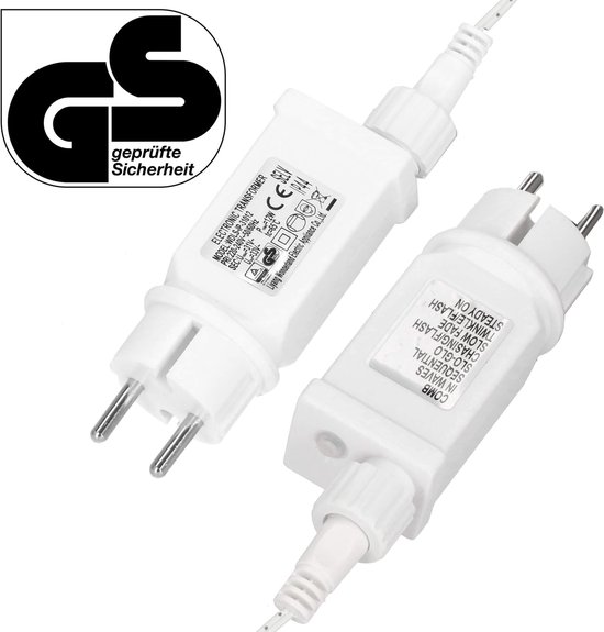 Twee witte transformatoren met GS-certificering en CE-markering, met instelmogelijkheden.