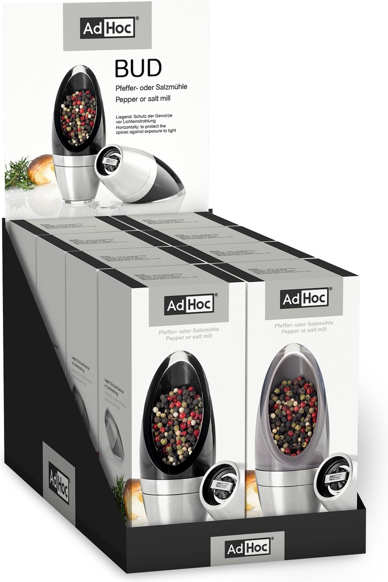Adhoc - Bud Kruidenmolen Display Gevuld met 8 Stuks - Roestvast Staal - Multicolor -