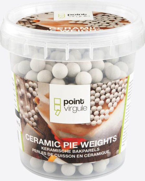 Transparante pot met keramische bakparels, label met 'CERAMIC PIE WEIGHTS' en 'point Virgule'.