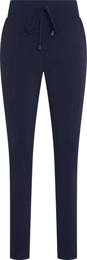Donkerblauwe travel broek met tunnelkoord en deelnaden.