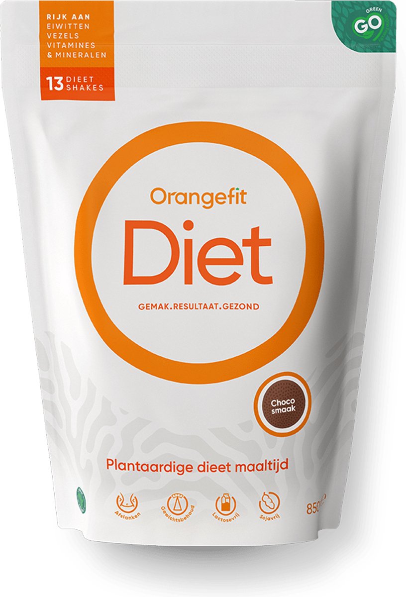 Goedkoopste Orangefit Diet Vegan Afslankshake - Maaltijdvervanger / Maaltijdshake - Afvallen & Diëten - 850g (13 shakes) - Chocolade - Nr 1 Consumentenbond