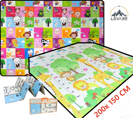 Levabe Speelmat - Baby - Kinderen - educatief - Kruipmat - Speelkleed - Dubbelzijdig - XL - Opvouwbaar - 1CM Dik - Foam - Giraffe & Alfabet - Cijfers & Letters - 150 x 200 CM - Inclusief Opbergtas
