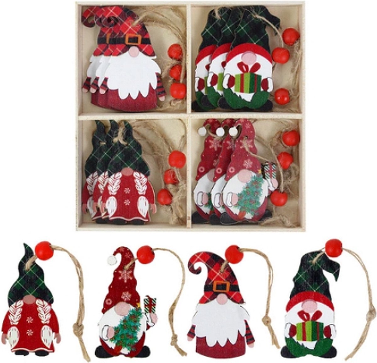 Houten Kerst hangers Gnome Kabouter in houten kistje (12 stuks)