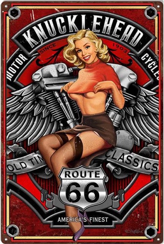 Wandbord - Motorcycles Knucklehead Route 66 - Leuk Voor In De Man-Cave