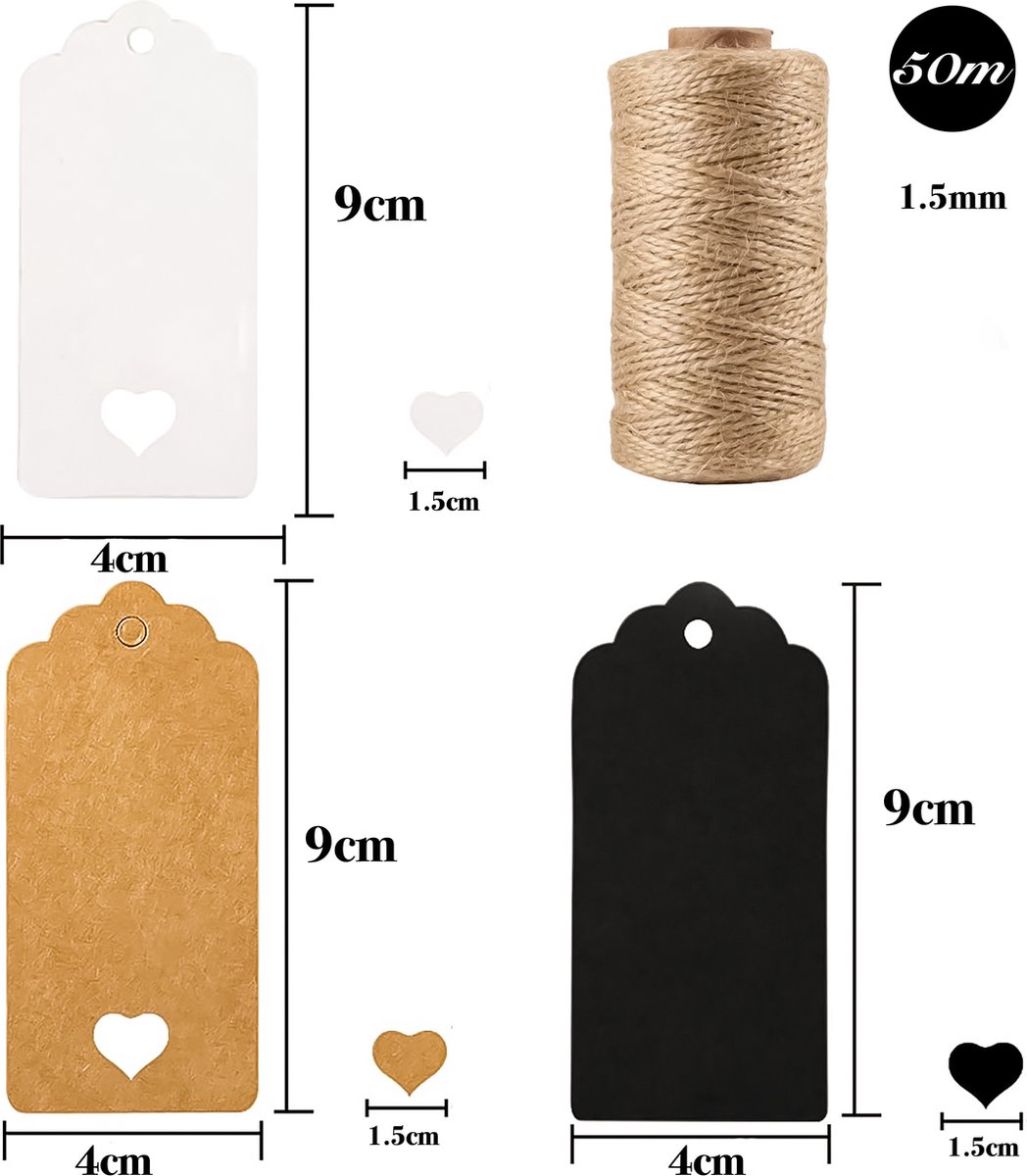 150x Stuks Kraft Karton Labels met 20m Jute Touw - Hart Kartonnen Cadeaulabels met Gaatje en Koord - Bruine, Zwarte & Witte Etiketten - Kraftpapier Naamkaartjes - Blanco Prijskaartjes\Prijslabels met Koortje - 9x4cm — cadeau in Hobby - foto 7