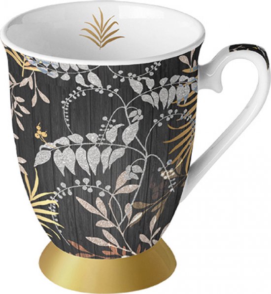 Ambiente Mok 0.25L Luxury Leaves zwart- Materiaal Fine Bone China- FormaatØ 7,5 - h 10 cm