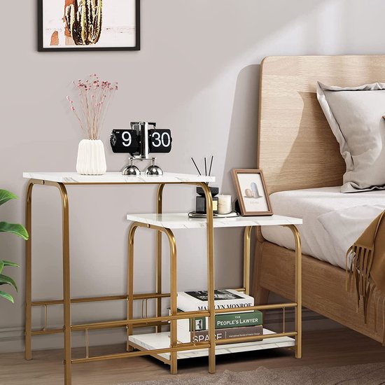 Relaxdays Bijzettafel, set van 2 (een ovaal en een rond), materiaalmix, voor de woonkamer, wit en zwart