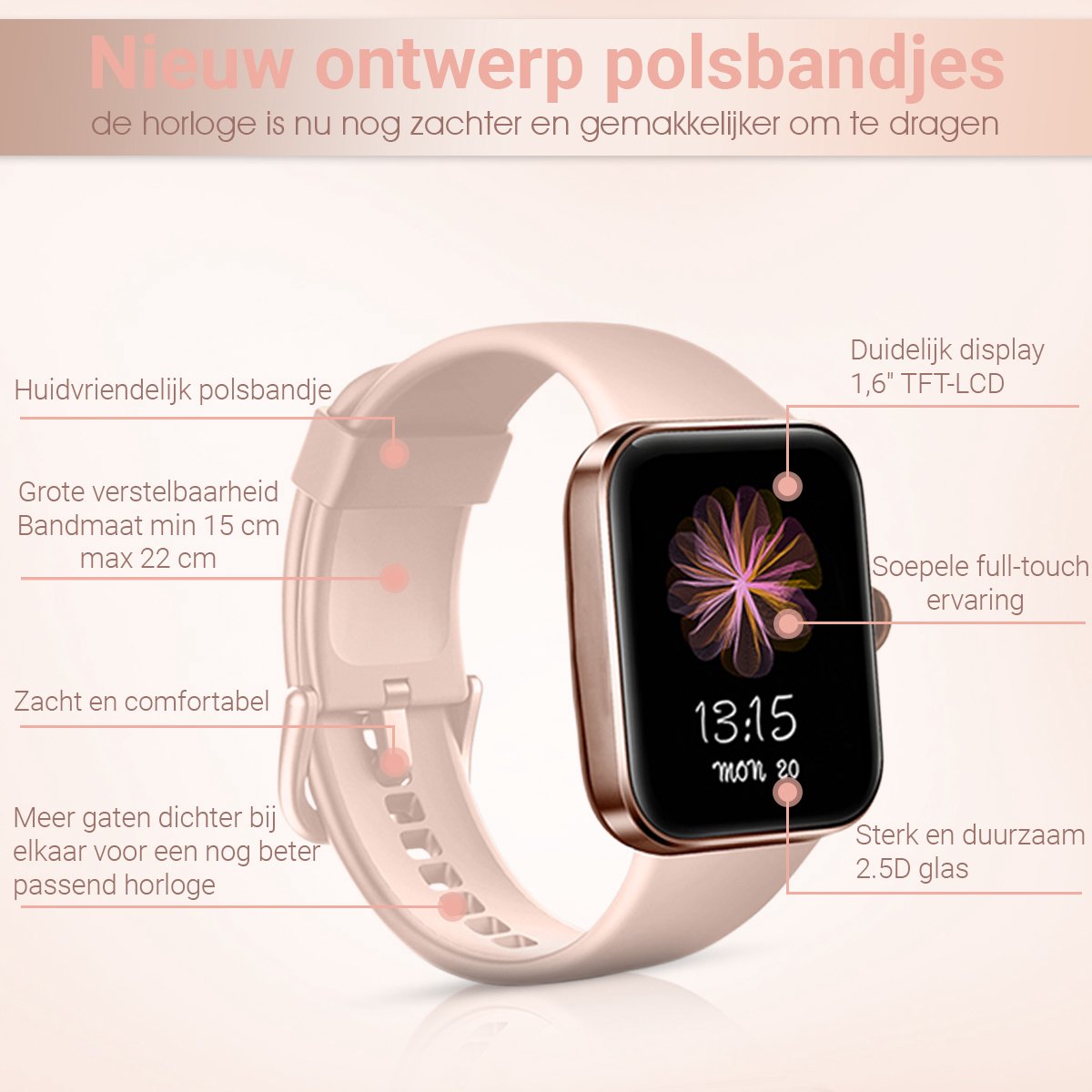 Ntech Smartwatch dames - Smartwatch Heren - Stappenteller - Full Screen - Fitness Tracker - Activity Tracker - Smartwatch Android & IOS - Rose Gold