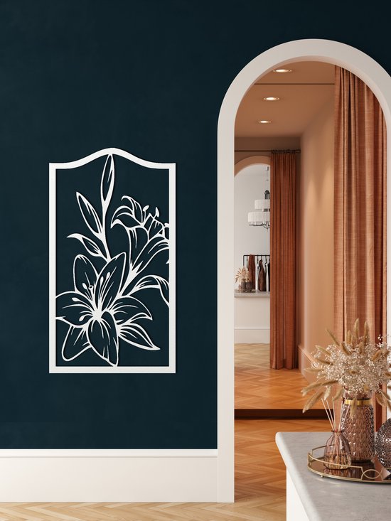 Wanddecoratie | Bloem / Flower | Metal - Wall Art | Muurdecoratie | Woonkamer | Buiten Decor |Wit| 56x100cm