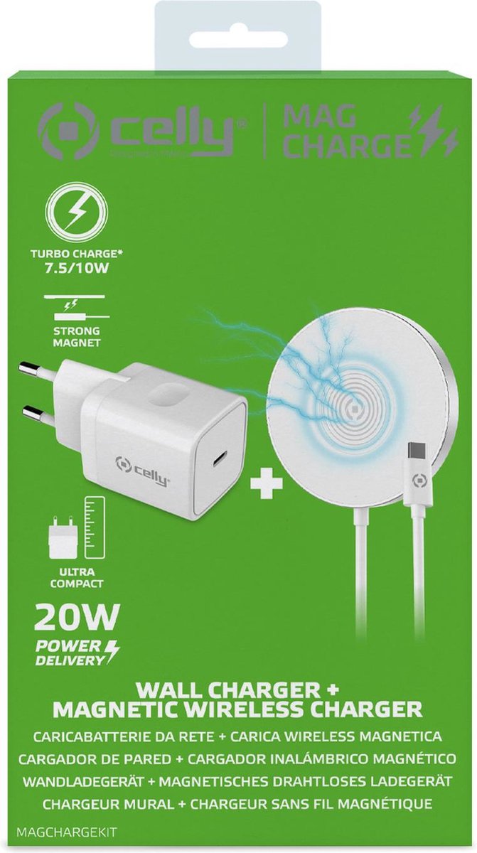 Celly MagCharge Draadloze Oplader - Met USB Adapter - 20W Wireless Charger geschikt voor o.a. iPhone en Samsung - Wit