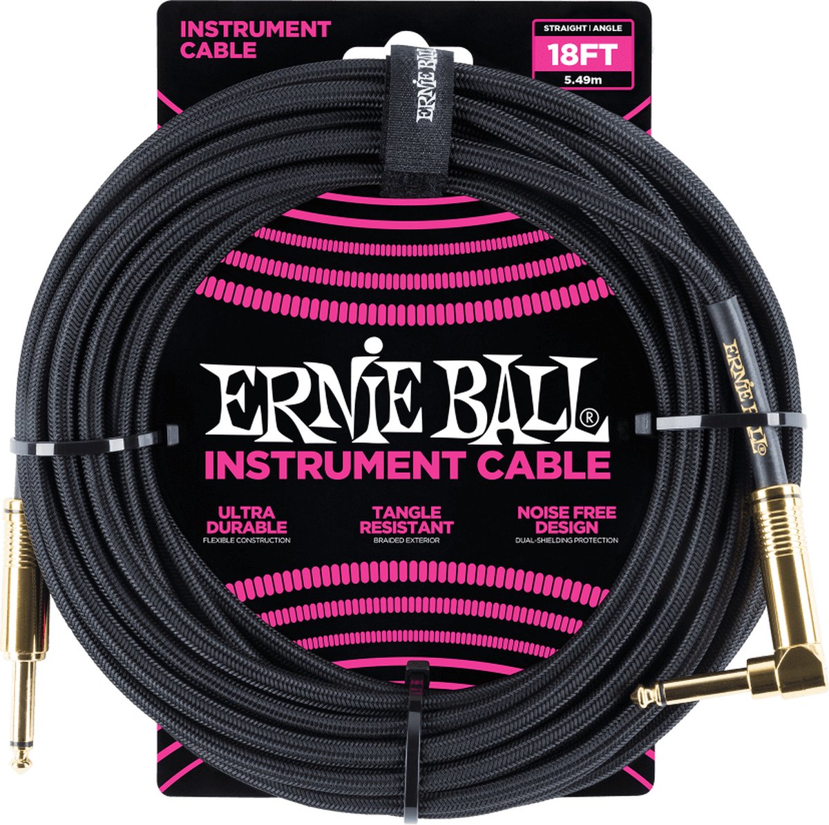 Ernie Ball gitaarkabel| Instrumentkabel | 6.35 mm mono jack plug recht/haaks | 5,5 meter | zwart