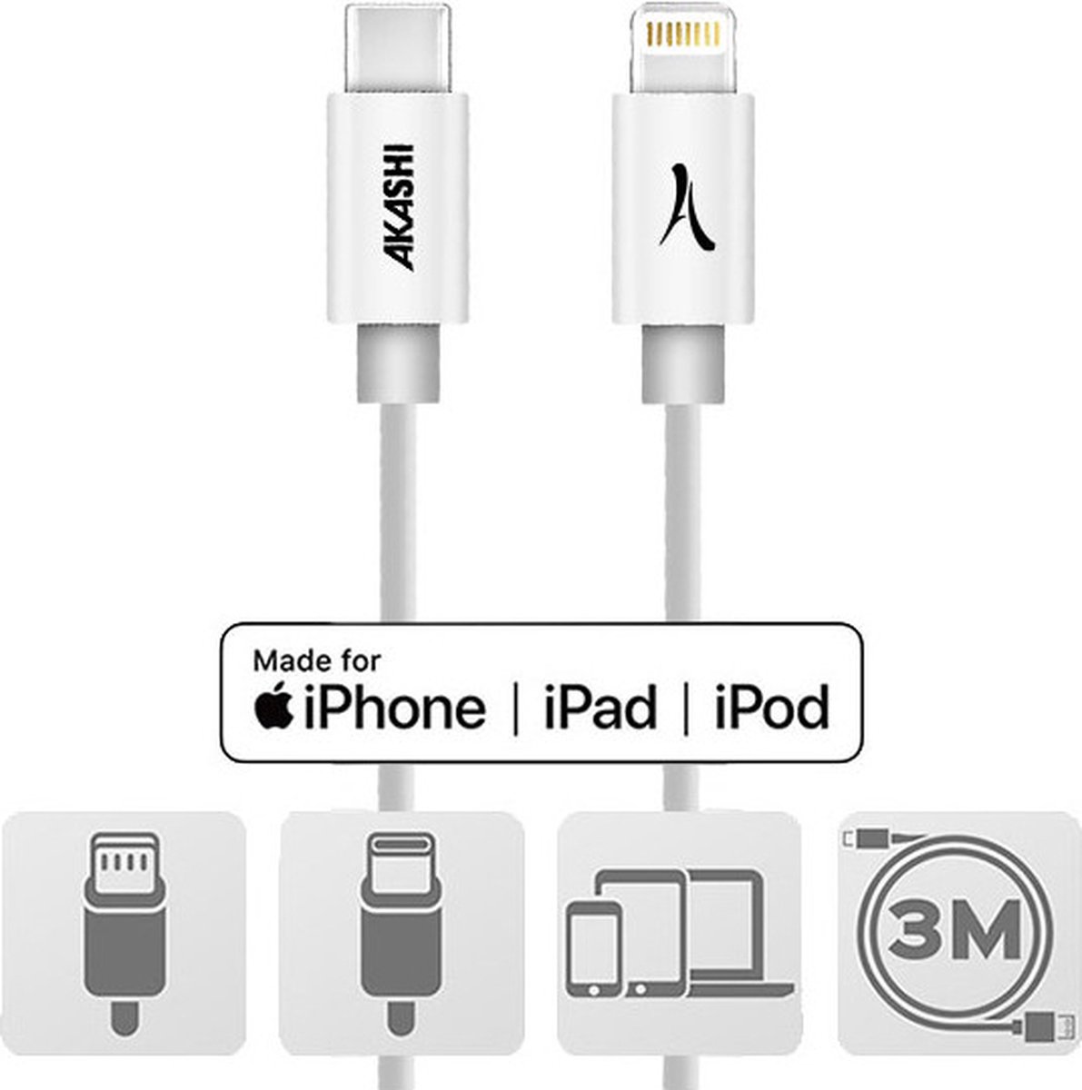 USB Type C naar Lightning Quick Charge Transfer Kabel 3m van Akashi Wit