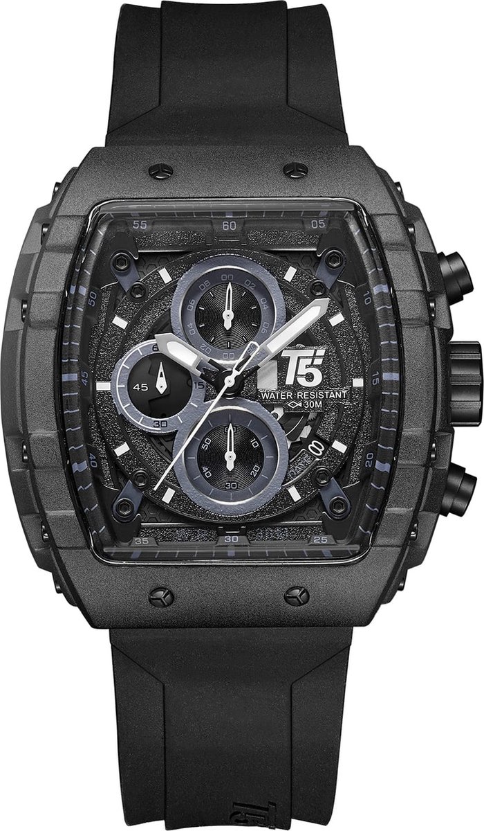T5 horloge voor mannen - Horloge mannen - Zwart design kast en band - Heren horloge - Ø 43 x 50 mm - 3 BAR Waterdicht - Chronograaf