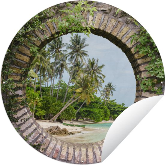 Tuincirkel Palmbomen - Tropisch - Doorkijk - Strand - 60x60 cm - Ronde Tuinposter - Buiten