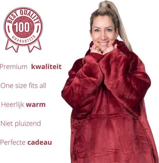 Q-Living Hoodie Deken - Extra Lang & Dik - Snuggie - Plaid Met Mouwen - Snuggle Hoodie - Fleece Deken Met Mouwen - 1450 gram - Wijnrood