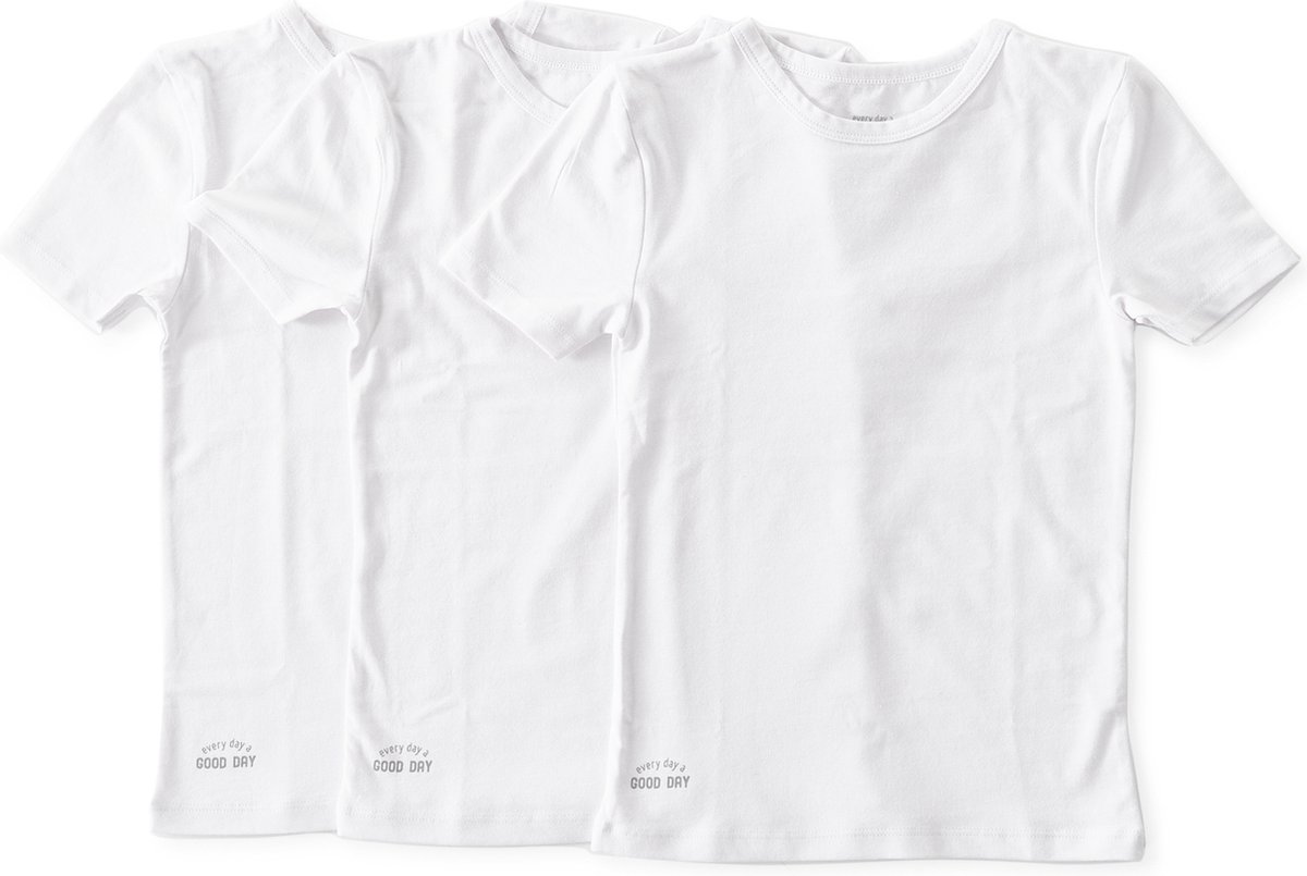 Little Label Ondergoed Jongens - T shirt Jongens Maat 122-128 - Wit - Zachte BIO Katoen - 3 Stuks - basic T ondershirt jongens ronde hals - Voordeelset