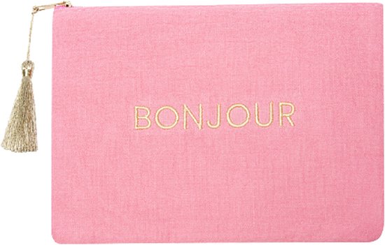 Make-up tas - Toilettas - Meiden - Dames - Roze en Goud - Tekst Bonjour