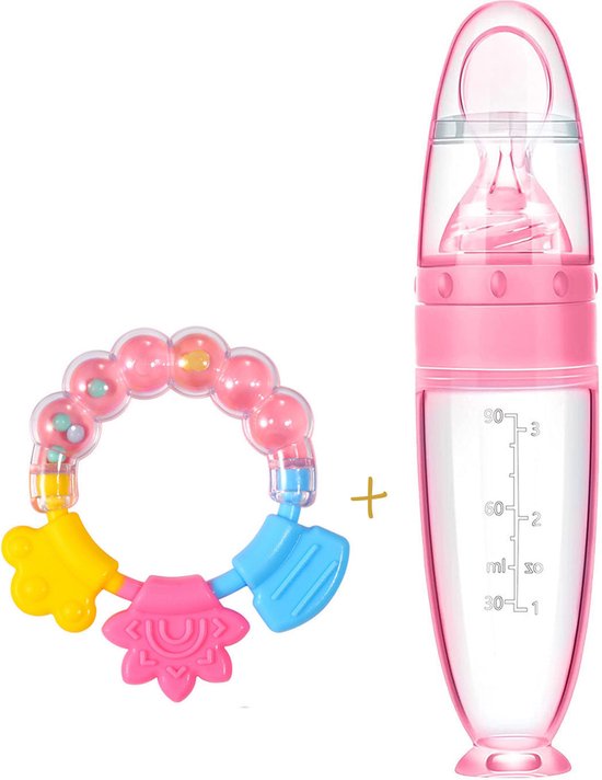 Babyflesje - Biberoia® Knijpfles met lepel -  Bijtring - Rammelaar - Baby - Kinderbestek - Baby speelgoed - Roze