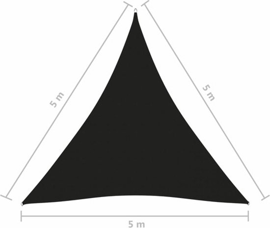 Zwart driehoekig zonnedoek met afmetingen 5 x 5 x 5 meter.
