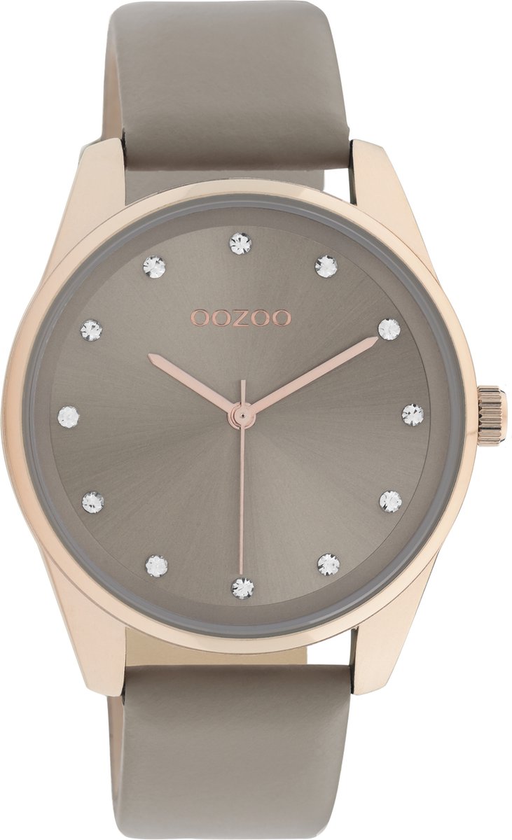 OOZOO Timpieces - Rosé gouden horloge met taupe leren band - C11047