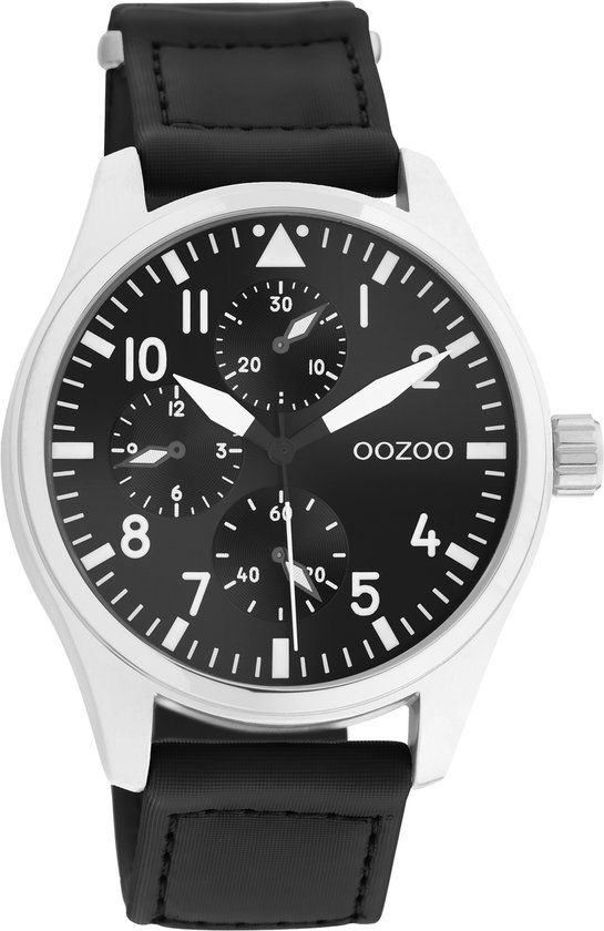 OOZOO Timpieces - zilverkleurige horloge met zwarte klittenband polsband - C11009